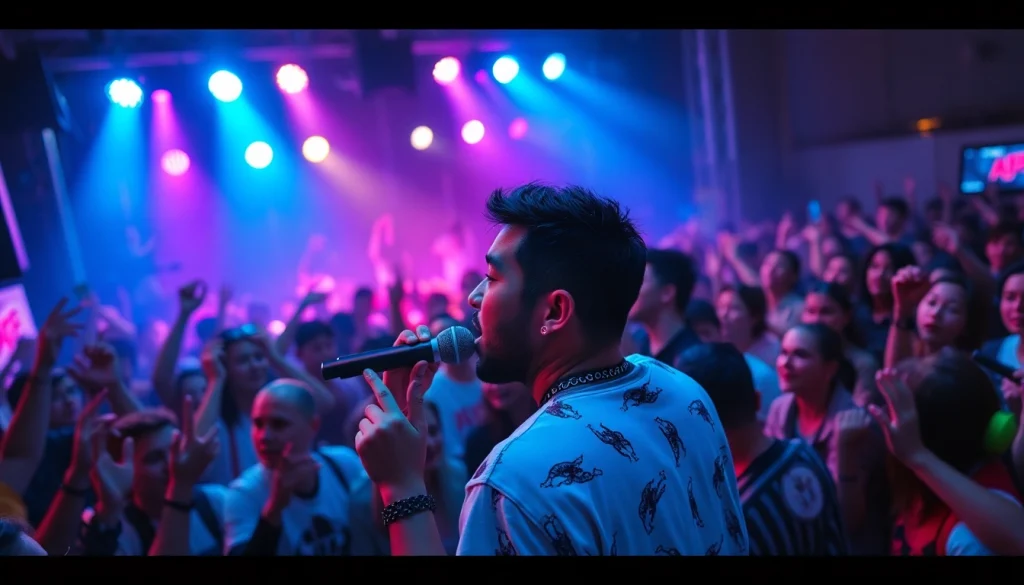 Ok88 performing live on stage surrounded by fans at a vibrant music concert.