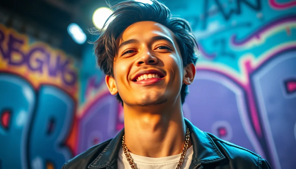 Ok88 performing passionately in an urban setting with vibrant graffiti and dynamic lighting.