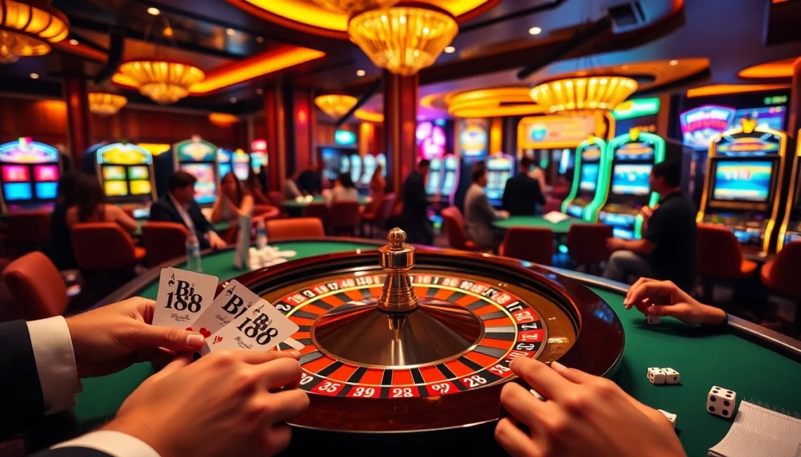 Players thrill at the BIGBET88 roulette table in a luxurious casino setting filled with vibrant colors and excitement.