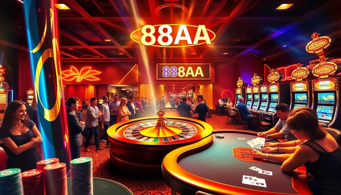 Experience thrilling betting action at 88AA Casino with roulette, poker, and slot machines lighting up the night.