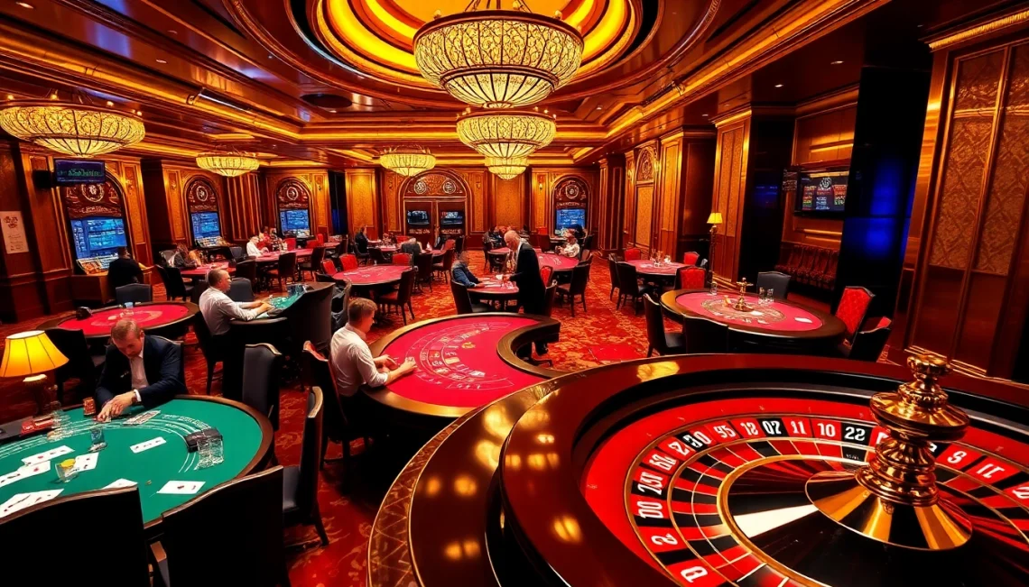 Players enjoy thrilling games at https://mm88.vegas/, featuring vibrant tables of poker and roulette in a luxurious casino.