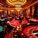 Players enjoy thrilling games at https://mm88.vegas/, featuring vibrant tables of poker and roulette in a luxurious casino.