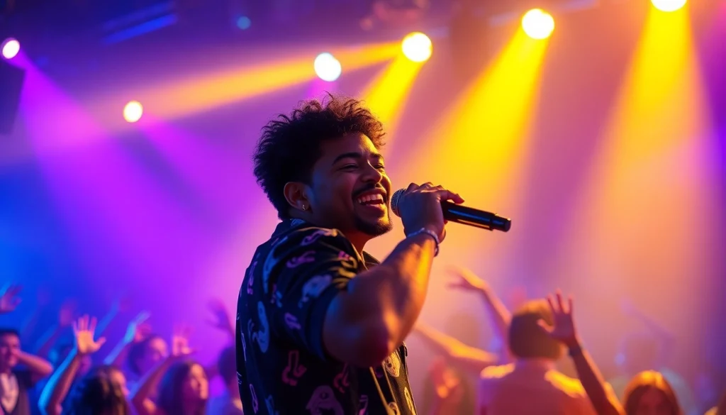 Ok88 captivating live performance with an energetic glow and vibrant audience.