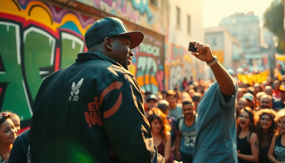 Ok88 artist captivating the crowd during a lively performance in an urban setting