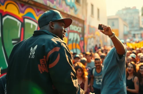 Ok88 artist captivating the crowd during a lively performance in an urban setting