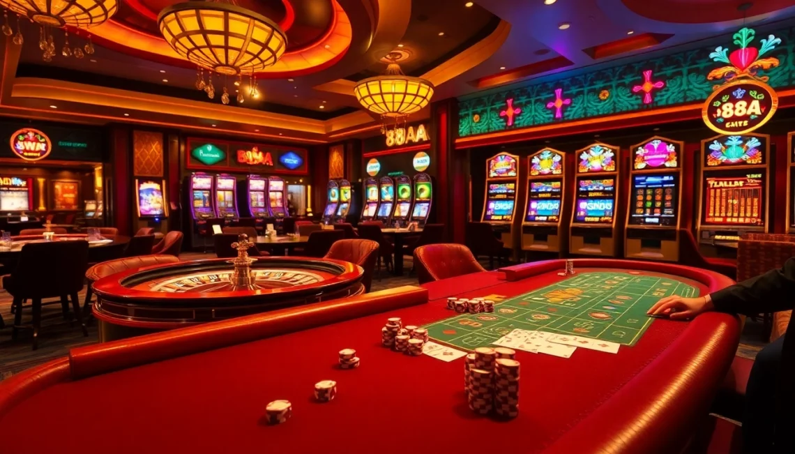 88AA depicts a thrilling casino scene with poker tables, dice, and colorful slot machines to evoke a sense of excitement in gambling.