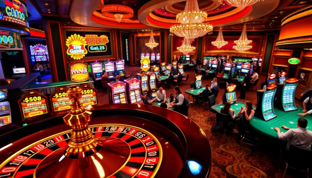 Exciting casino atmosphere at https://78win.school/, showcasing a roulette wheel and vibrant slot machines.
