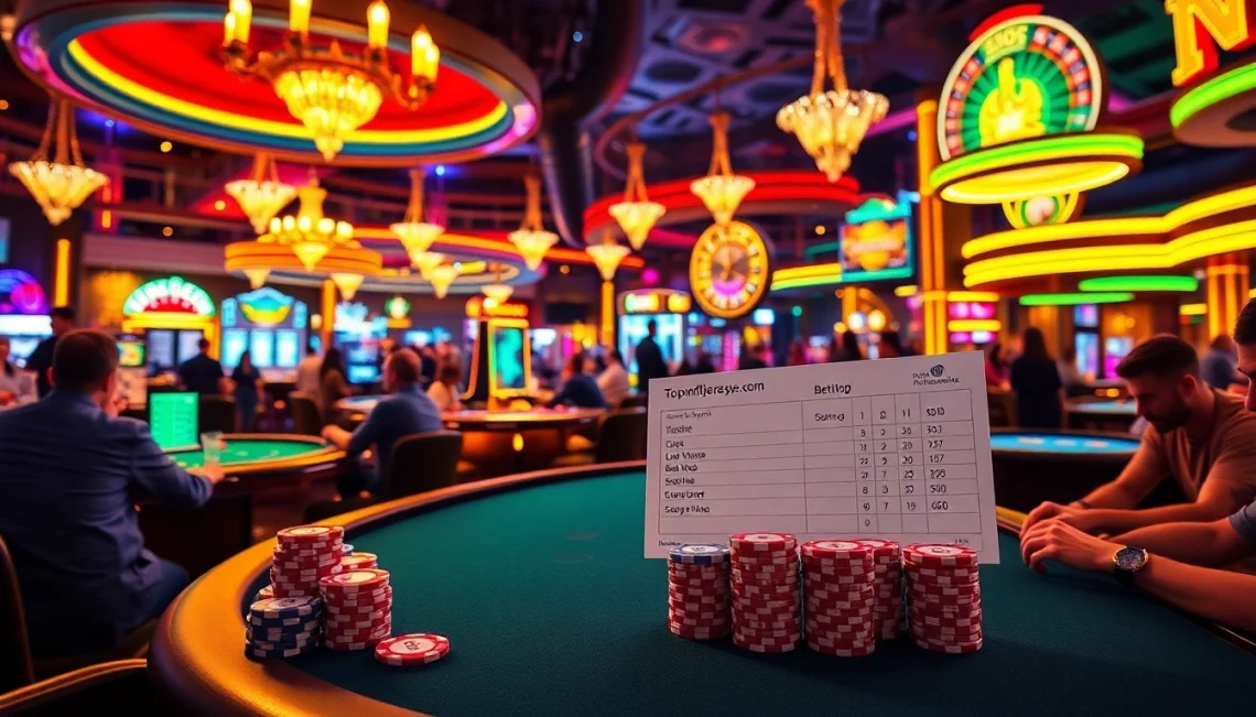 Experience thrilling casino action at topnfljerseyswholesale.com featuring vibrant gaming tables, poker chips, and a roulette wheel in vibrant Las Vegas style.