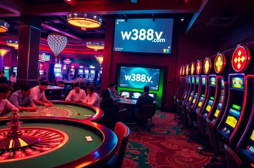 Experience the thrill of gaming at w388v.com with poker tables and vibrant slot machines.