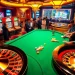 Experience the thrill of gambling at kingfun.gold with players at the poker table and a spinning roulette wheel.