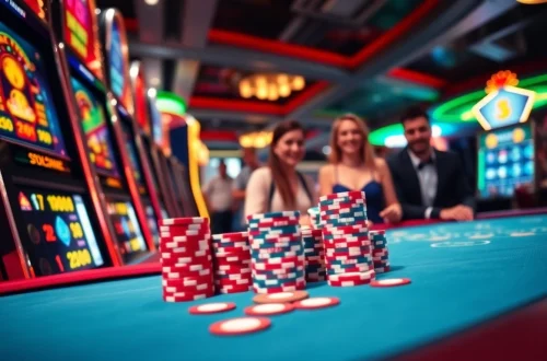 Players enjoying the thrill of gambling at f8bet.com.co with vibrant slot machines and poker tables.