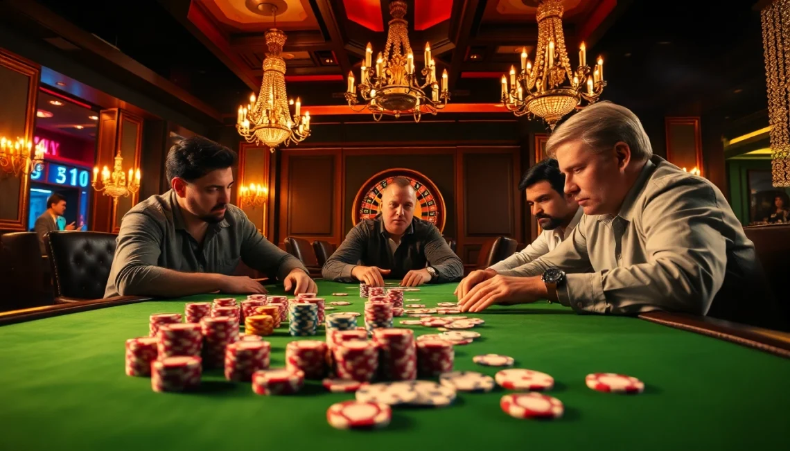 Experience the thrilling poker game featuring gacor123 poker chips and cards, showcasing intense player focus in a luxury casino atmosphere.